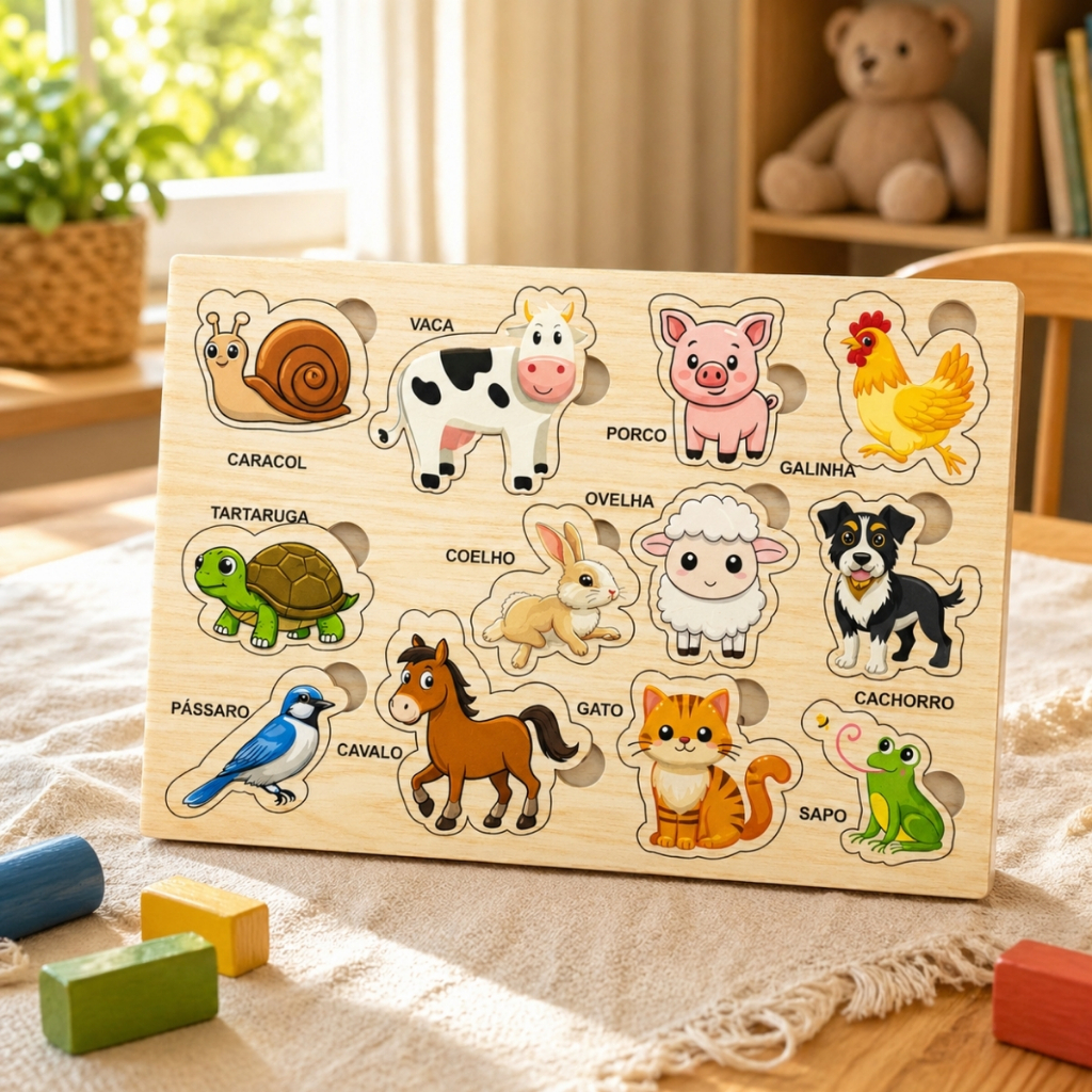 Quebra Cabeça Animais Brinquedo Educativo Encaixe Didático Animais 12 pçs Tabuleiro Madeira