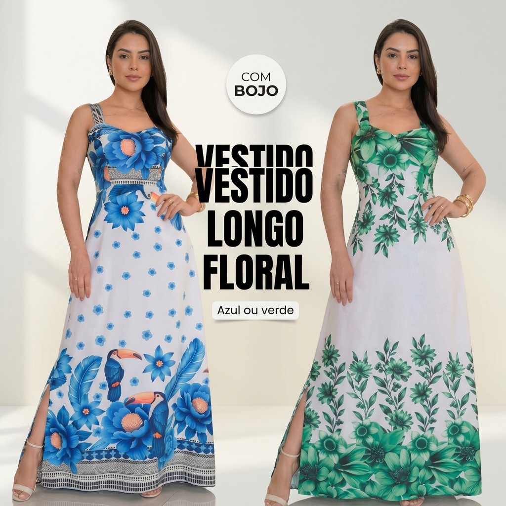 Vestido Longo Floral Feminino com Bojo Sem Sutiã Lastéx nas Costas Caimento Solto Tecido Respirável