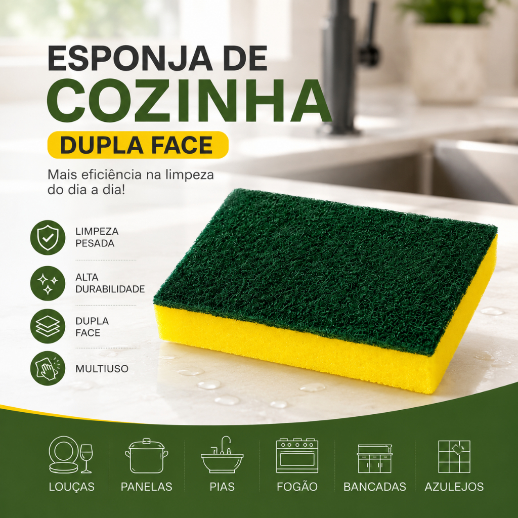 Esponja Dupla Face Bucha Lavar Louça Limpeza Pesada Multiuso Casa Cozinha Banheiro Resistente Lar