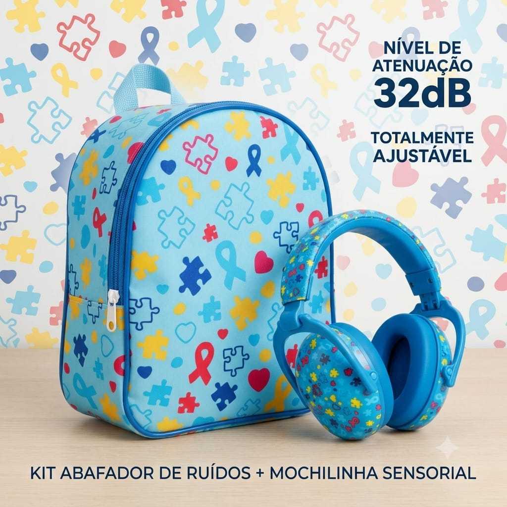 Mochilinha 22cm Abafador Ruídos Light Blue 32dB Kit Sensorial Infantil Kit Abafador Ruído Autismo Tea