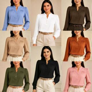 Blusa Feminina Clássica Gola V com Botões Manga longa