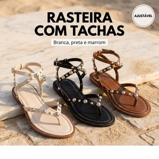 Sandália Rasteira Feminina Gladiadora Tachas Douradas e Prateadas Tira no Tornozelo Fivel…