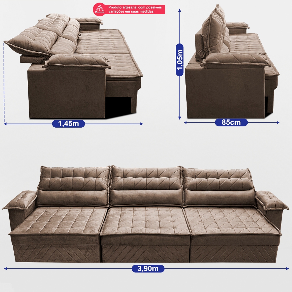 Sofá Retrátil e Reclinável 3,90m com Molas e Espuma D33 Thunder. Velusoft Cama inBox · foto 2