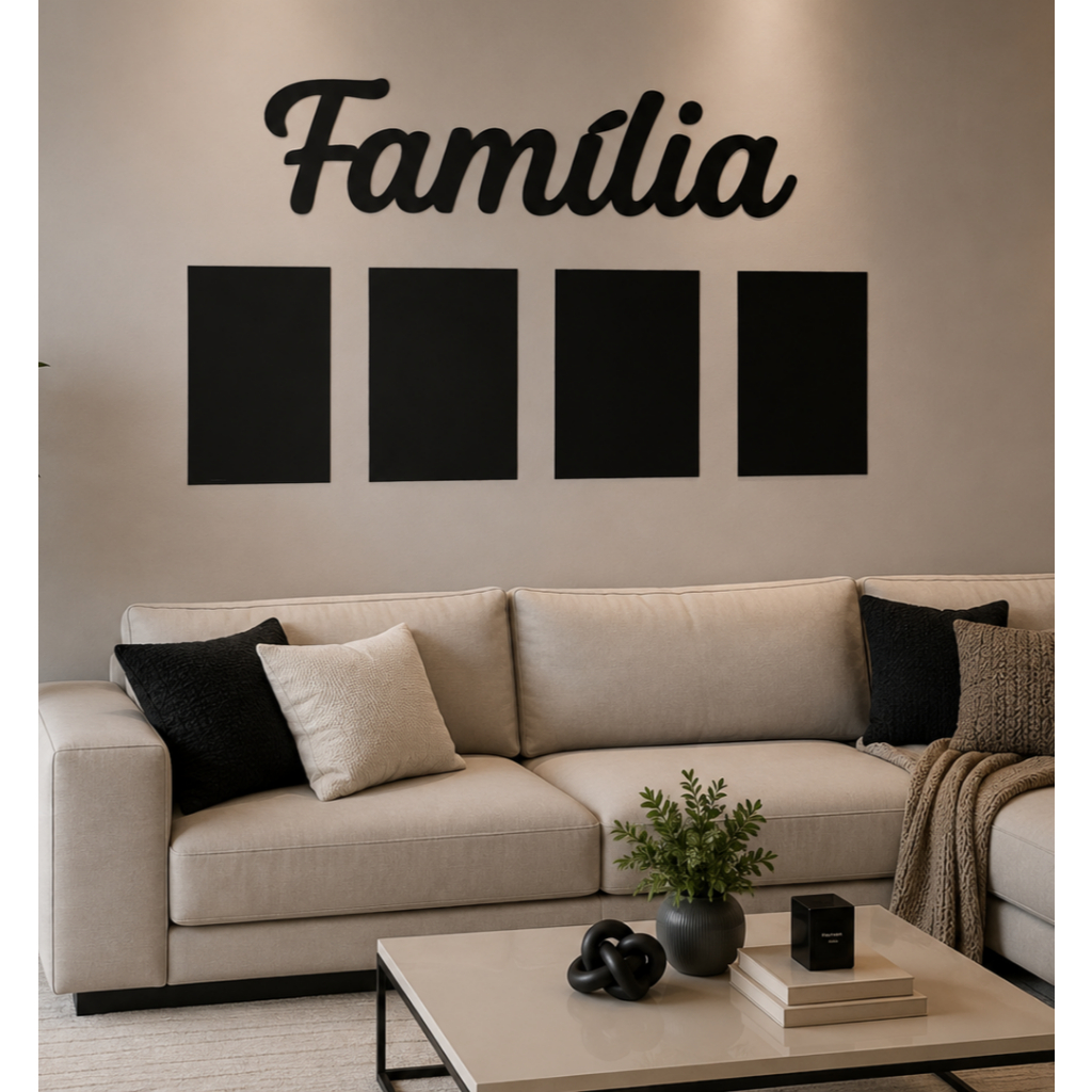 Quadro Decorativo Família em MDF Preto | Porta-Retratos de Parede para 4 Fotos | Decoração para Sala de Estar