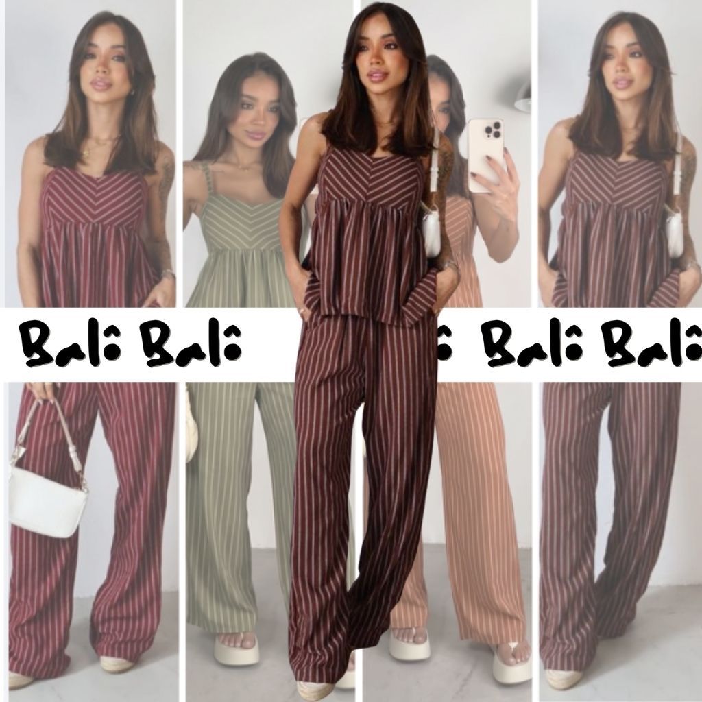 Conjunto Listrado de Calça Pantalona e Blusa Batinha Feminino Alças Verão Linho Marrante Alfaiataria