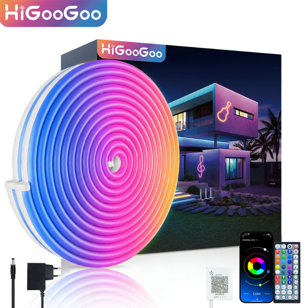 Fita Neon LED RGB HiGooGoo Com APP Controle Remoto Sincroniza Música Luz Neon Flexível Para Quarto Gamer Decoração