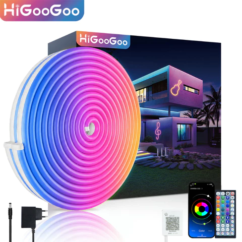 Fita Neon LED RGB HiGooGoo Com APP Controle Remoto Sincroniza Música Luz Neon Flexível Para Quarto Gamer Decoração