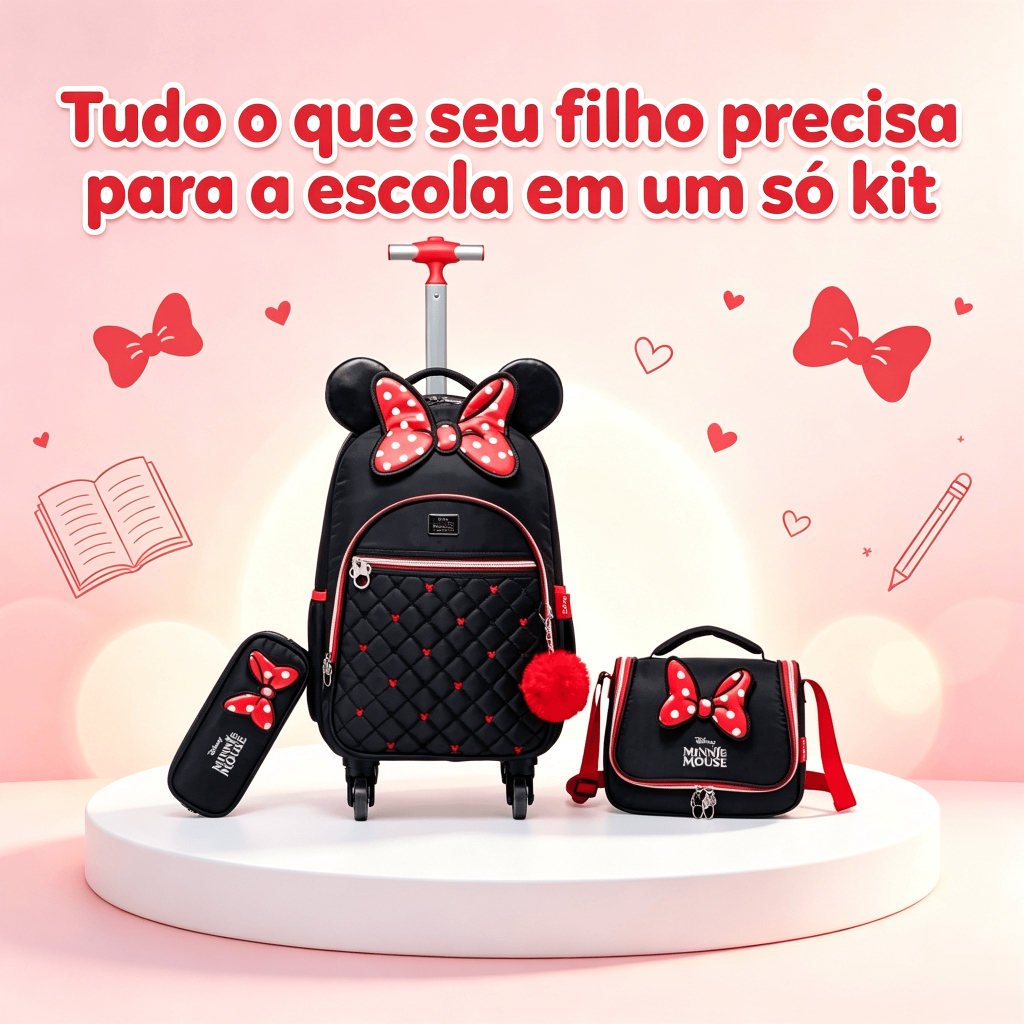 Kit Mochila de Rodinhas Minnie Disney Infantil Escolar com Lancheira e Estojo