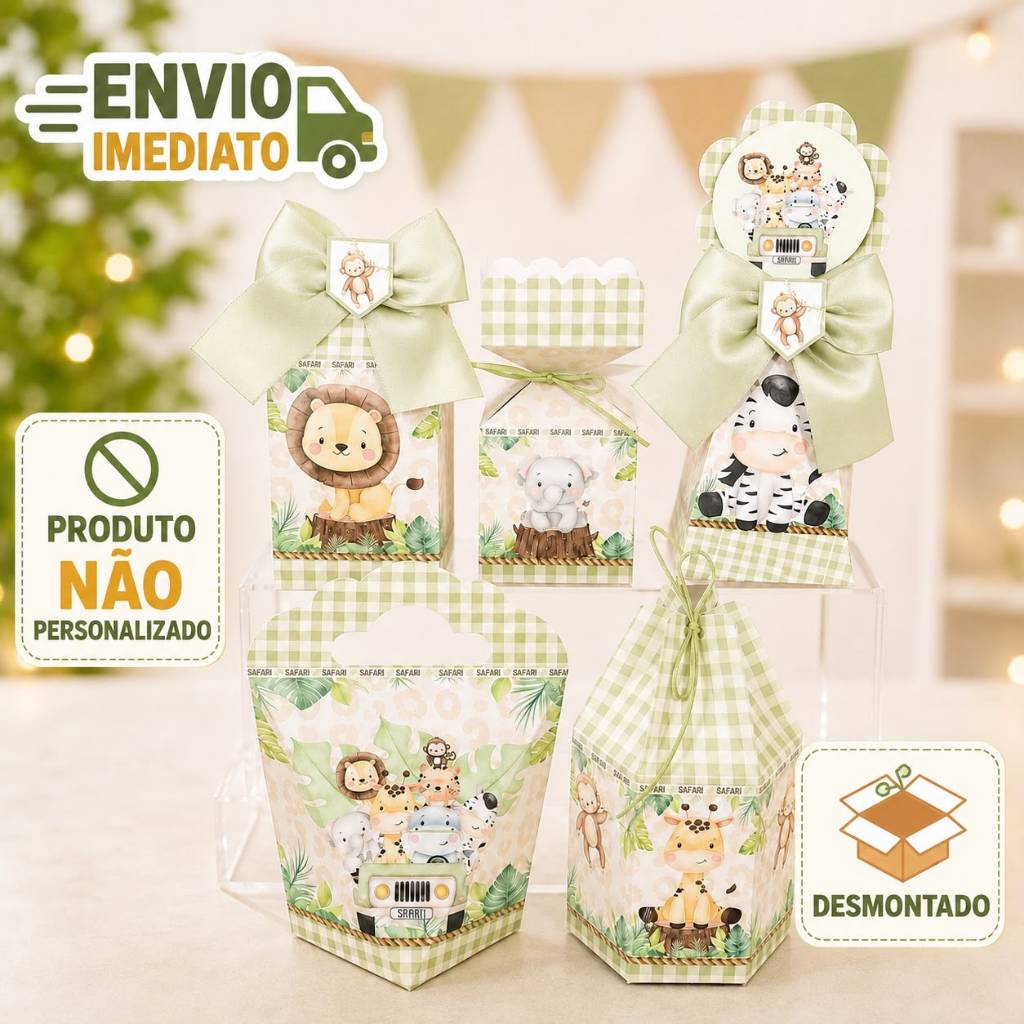 kit Caixinhas Personalizadas para Festa SAFARI MENINO VERDE Lembrancinhas de Aniversário para Decoração DESMONTADO.