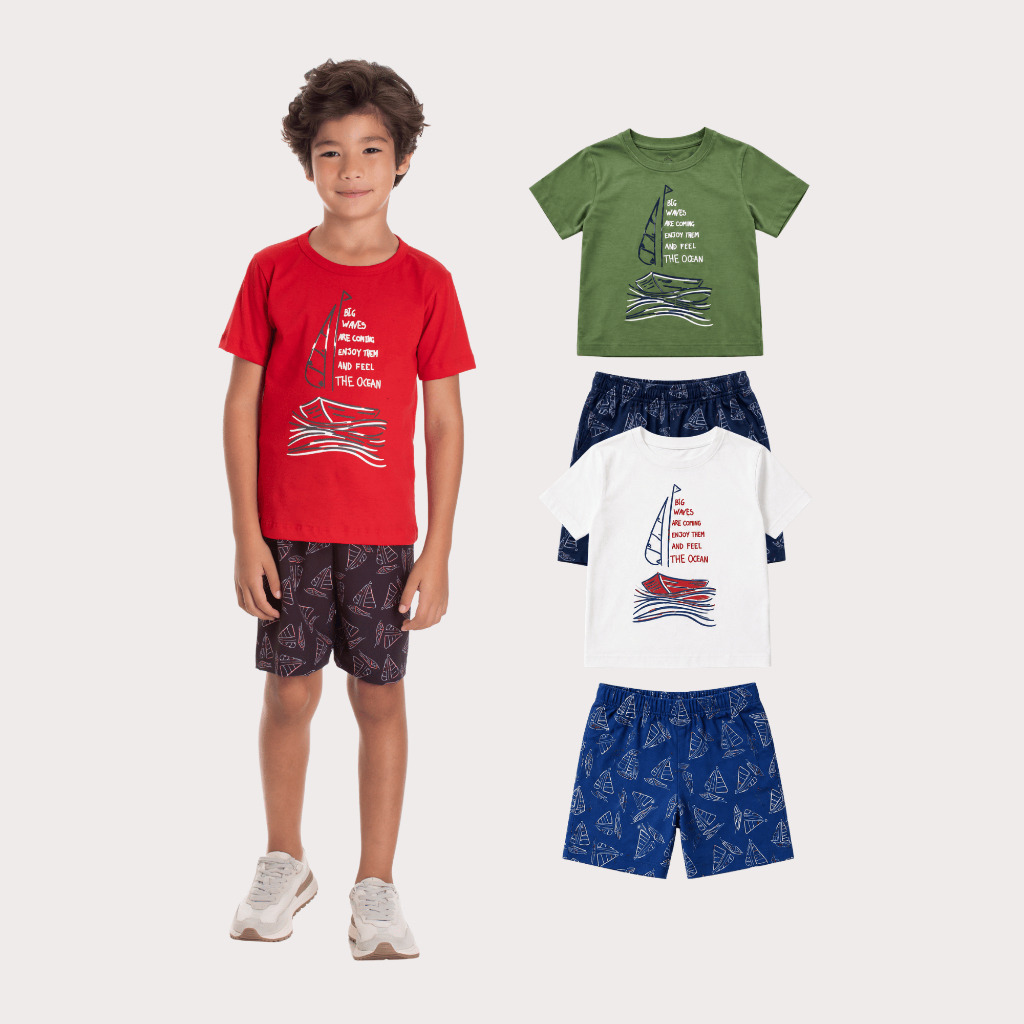 Conjunto Infantil Menino Camiseta Algodão e Bermuda Tactel Barquinhos Tamanhos 4 6 8
