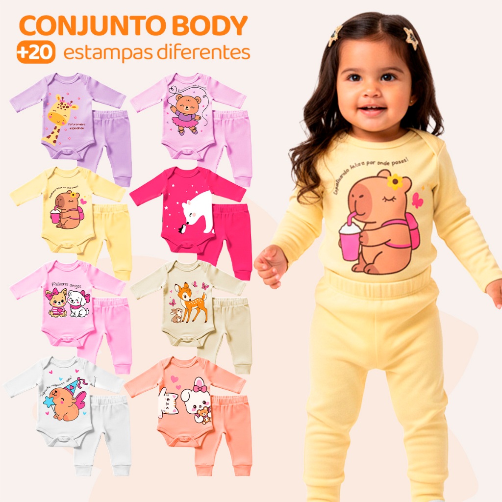 Kit 8 Peças de Roupas para Bebê Menina (4 Body Longo + 4 Calça Mijão) Kit 4 Conj