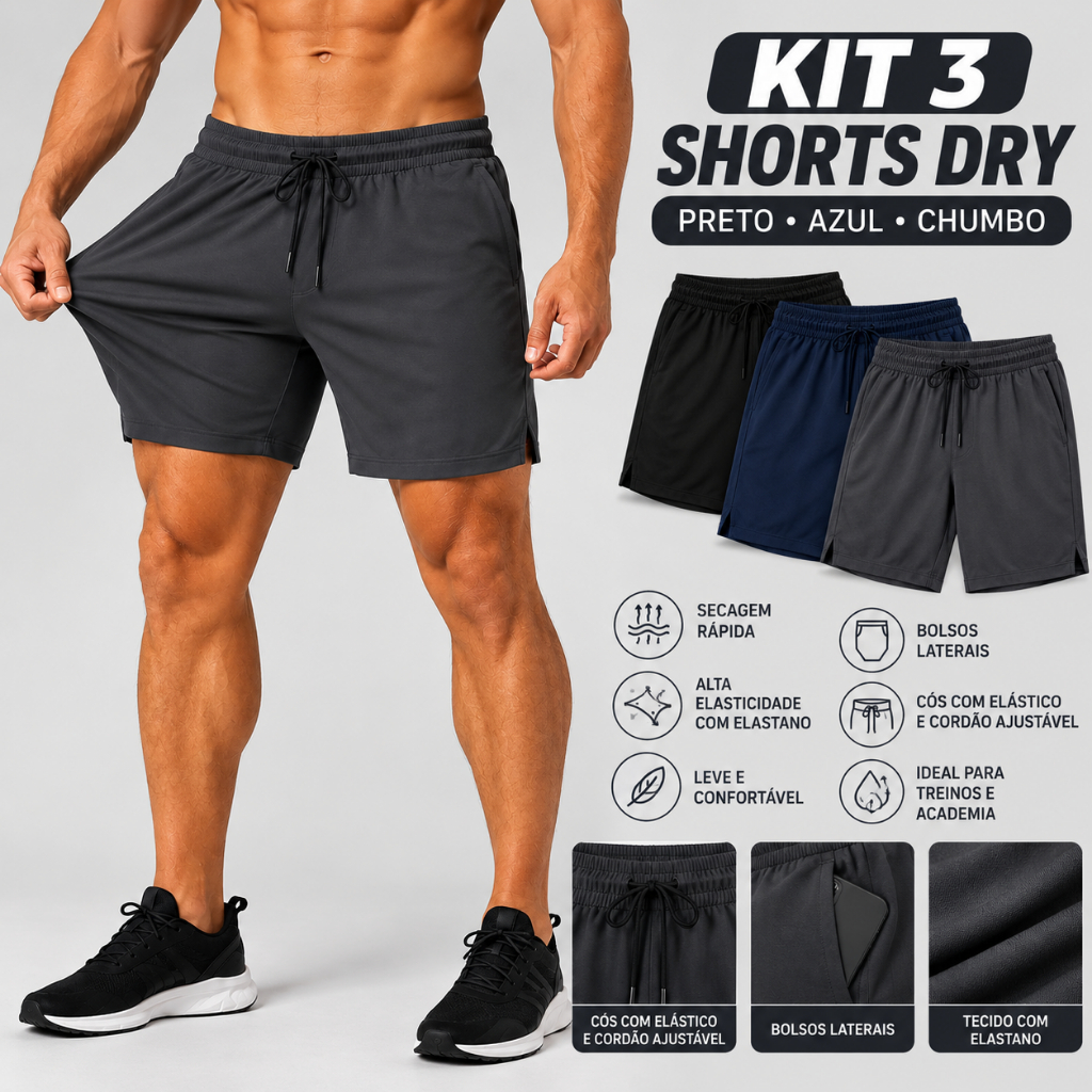 Kit 3 Shorts Masculino Dry Fit com Elastano Academia Treino Corrida Bolso Lateral Secagem Rápida