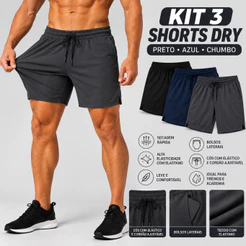 Kit 3 Shorts Masculino Dry Fit com Elastano Academia Treino Corrida Bolso Lateral Secagem Rápida