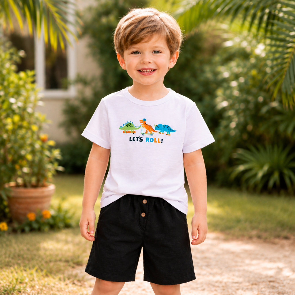 Conjunto Infantil Menino Camiseta em Malha Estampa Dinossauros e Shorts Moletinho C/Botões Zupa Zuka
