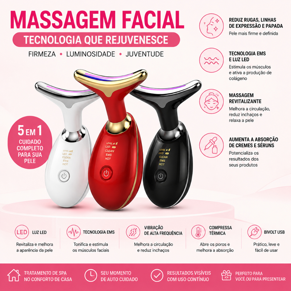 Massageador Facial EMS LED Recarregável USB Bivolt para Rosto e Pescoço Cuidados com a Pele