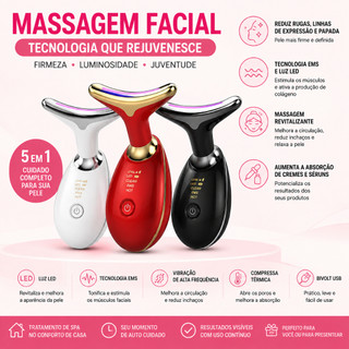 Massageador Facial EMS LED Recarregável USB Bivolt para Rosto e Pescoço Cuidados com a Pele
