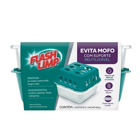 Imagem Anti Mofo Flash Limp Reutilizável 400g Absorve Umidade, Combate Mofo e Mau Cheiro em Armários e Closets