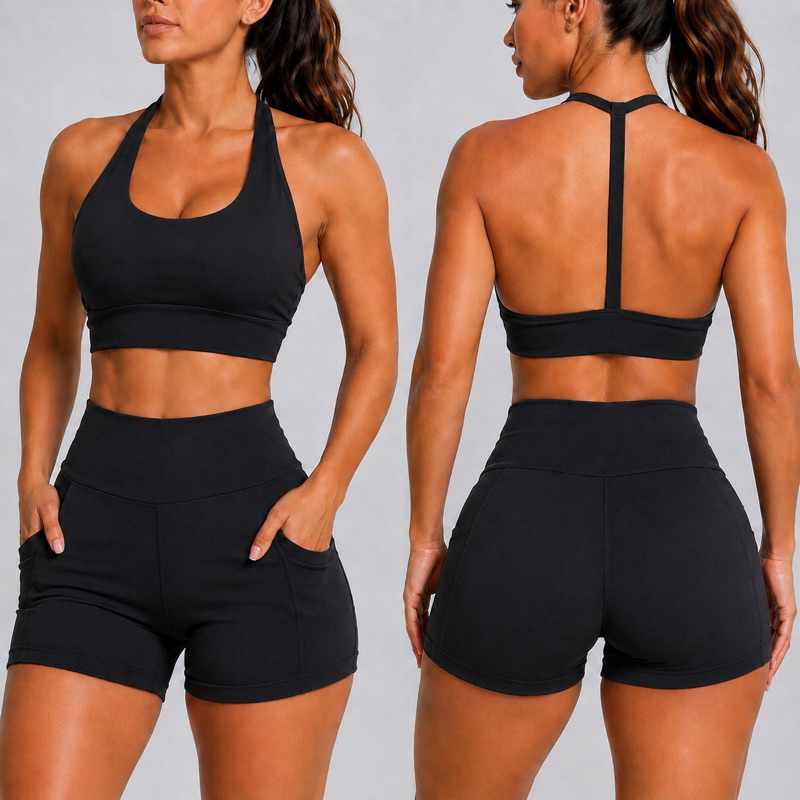 Conjunto Fitness Feminino Premium Suplex  Power 320 Zero Transparência Top e Short com Bolso Cós Alto Alta Compressão