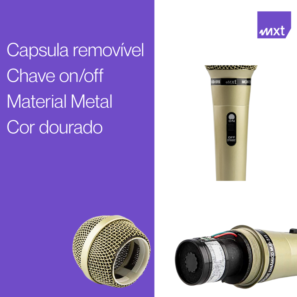 Microfone Dinâmico MXT MUD-515 com Fio Metal Prata Chave On/Off Cabo 4,5m OD 5mm Profissional para Voz e Eventos — imagem 2 de 2