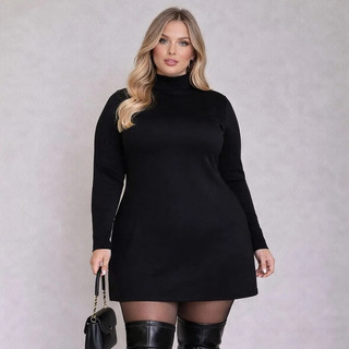Vestido Plus Size Feminino Gola Alta Manga Longa Curto Confortável Elegante Sensual