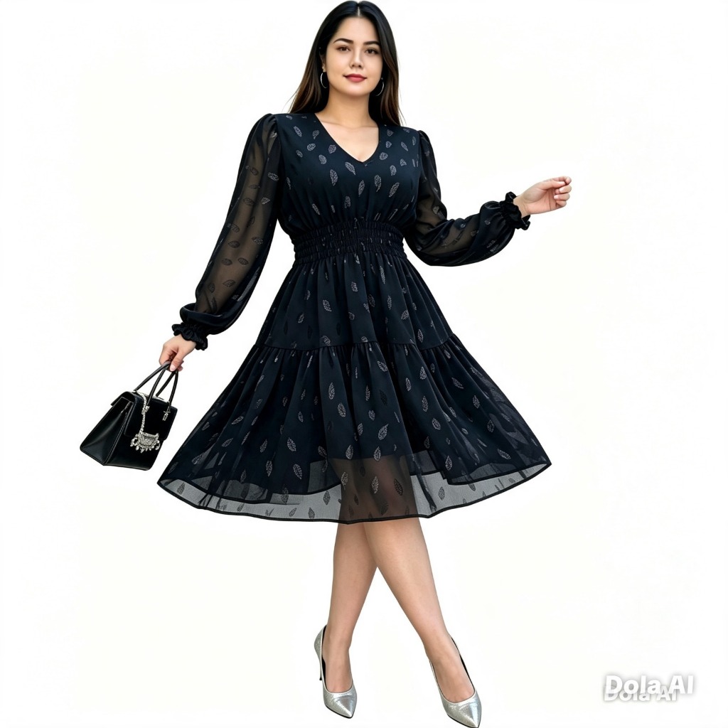 vestido feminino, midi manga longa, preto com transparencia elegante forrado gola V moda evangelica modesto festa chique