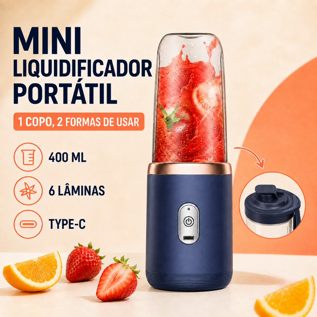 Mini Liquidificador Portátil Mixer 400ml 6 Lâminas Recarregável USB Type-C para Sucos Vitaminas e Shakes