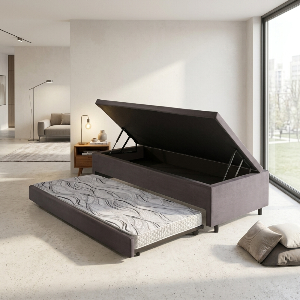 Bicama Box Baú Solteiro 88x188 Suede Cinza e Colchão Auxiliar