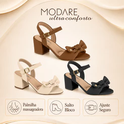 Sandália Feminina Modare Ultraconforto Salto Bloco Com Laço Fivela | Lançamento Original !