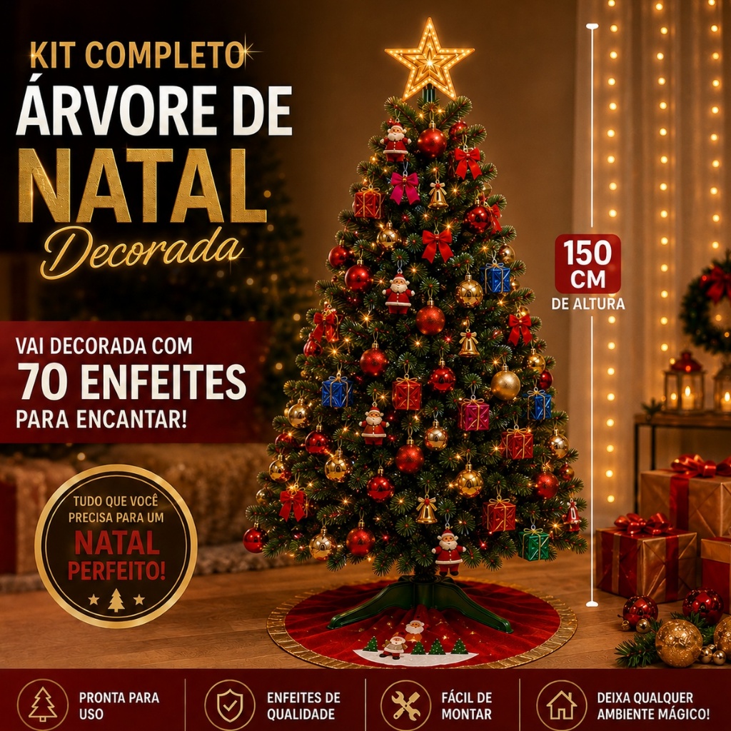 Arvore de Natal Decorada 150cm 220 Galhos + 70 Enfeites Completa Enfeitada Pinheiro Verde Pisca Led Decoração Top
