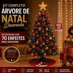 Arvore de Natal Decorada 150cm 220 Galhos + 70 Enfeites Completa Enfeitada Pinheiro Verde Pisca Led Decoração Top