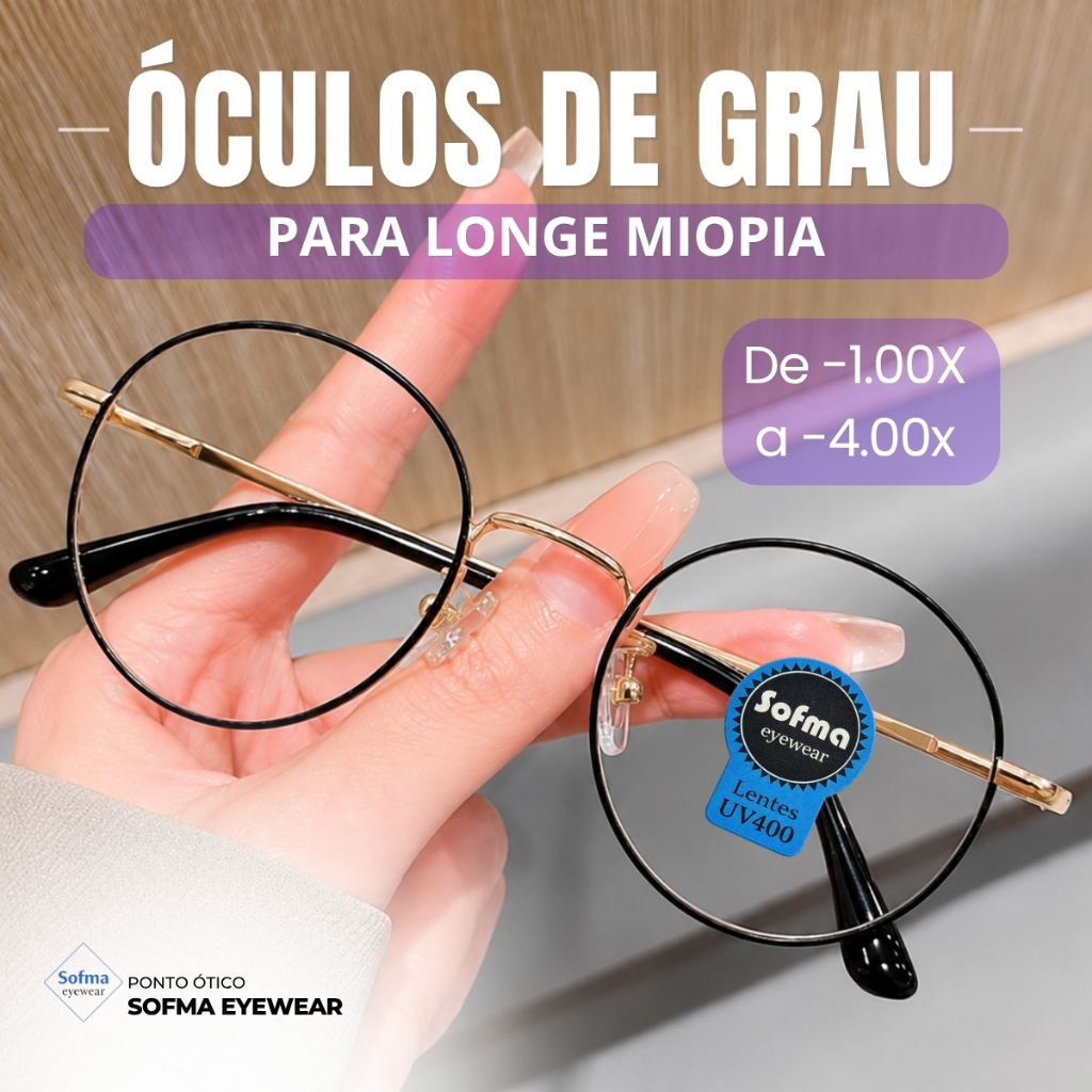 Óculos de Grau Visão Longe Miopia com Lente Pronta -0.50 a -4,00 Armação Preto com Dourado Redondo Metálico