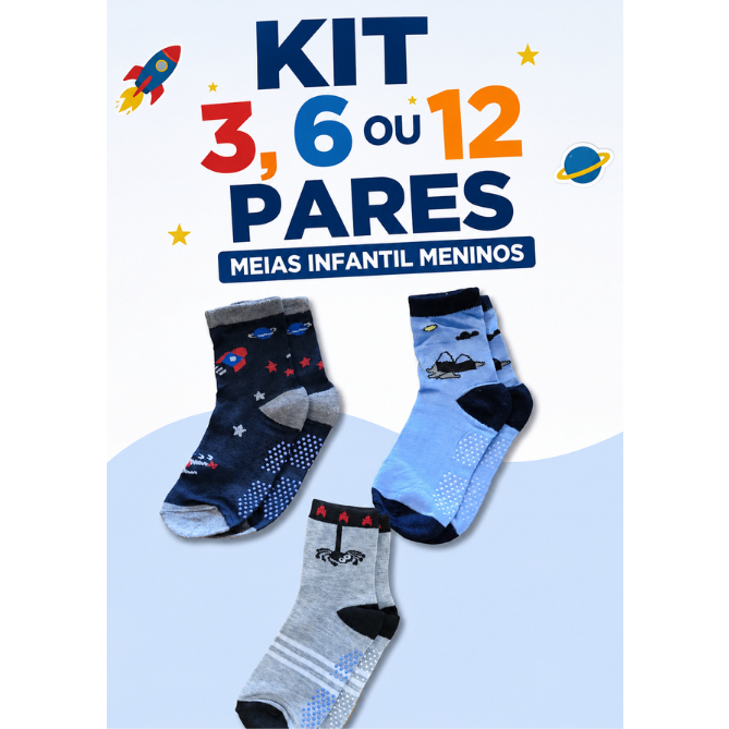 Kit 3, 6 ou 12 Pares Meia Infantil Menino 4 a 6 Anos Algodão Antiderrapante