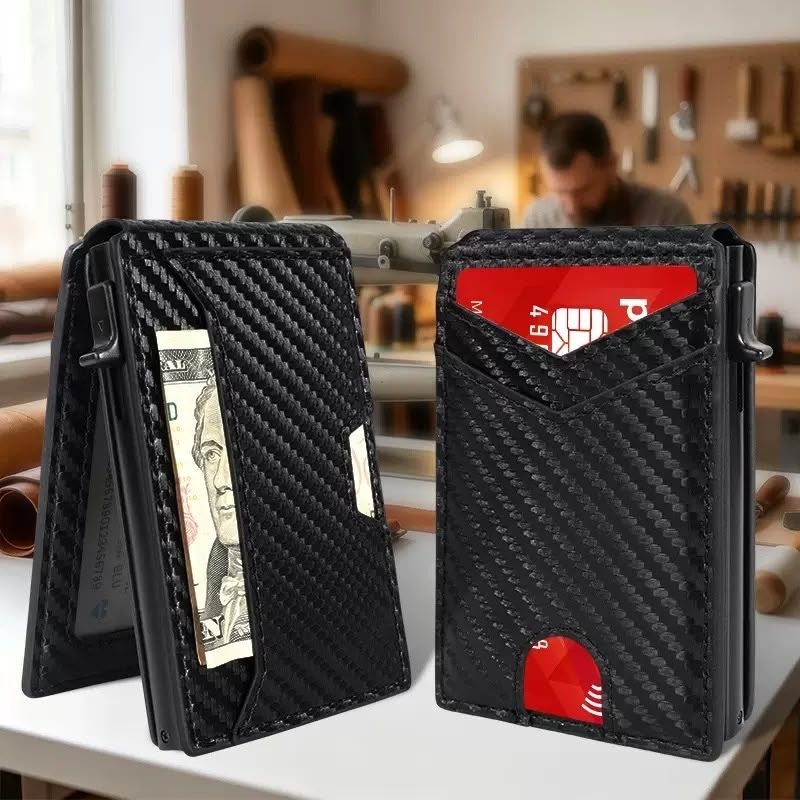 Porta Cartão 2 em 1 Masculino RFID Anti-Roubo de Estampa Fibra de Carbono para Cartões e CNH 8184