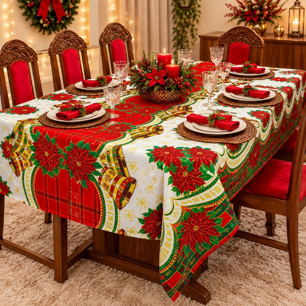 Toalha de Mesa Natalina Oxford Estampada | Mesa Posta de Natal | Copa e Cozinha