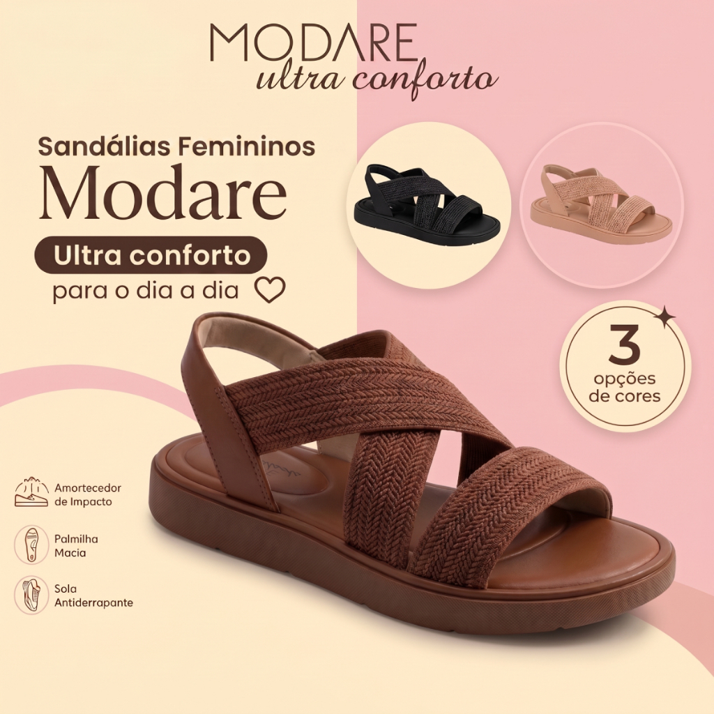 Sandália Feminina Modare Ultraconforto Elástico Ortopédico Confortável Original Lançamento