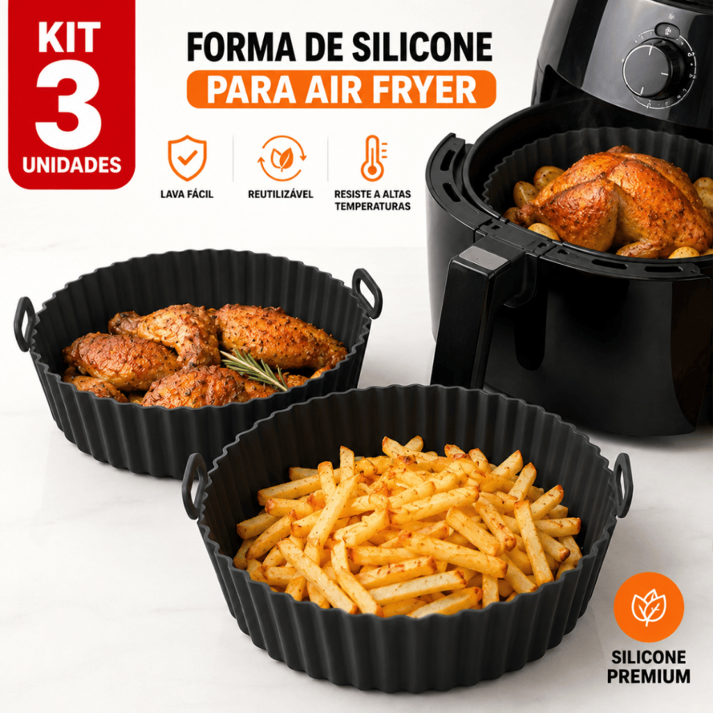 Kit 3 Formas Silicone Redonda Air Fryer Antiaderente Reutilizável Forno Microondas Fritadeira