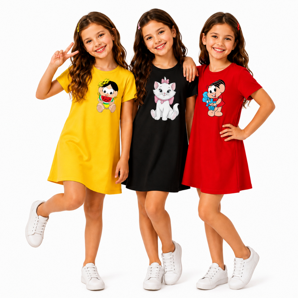 KIT 3 Vestido Infantil  Estampado Menina Fresquinho e Confortável Estampas Color
