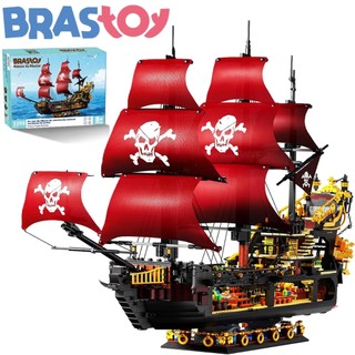 Kit Navio Pirata Vermelho 3399 Peças Blocos de Montar com Luz Brastoy - Brinquedo Educativo 3D 8+