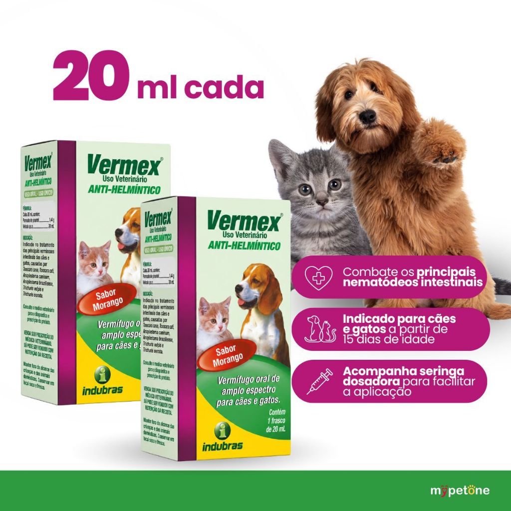Kit 2 Vermífugo Vermex Oral 20ml Indubras para Cães e Gatos