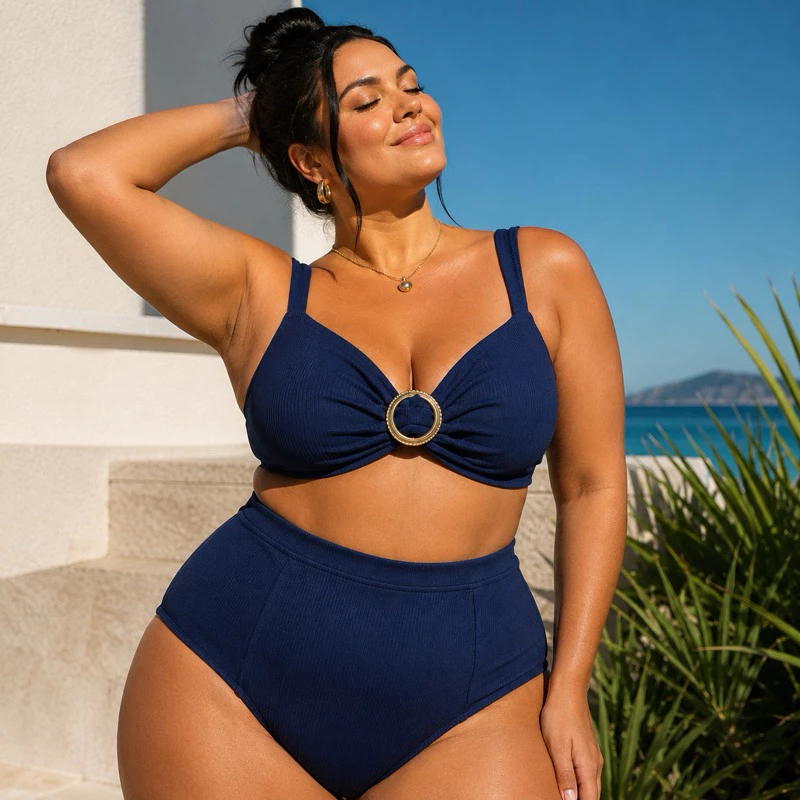 PLUS SIZE Biquini feminino básico confortável reforçado argola fivela dourada preto liso hot pant