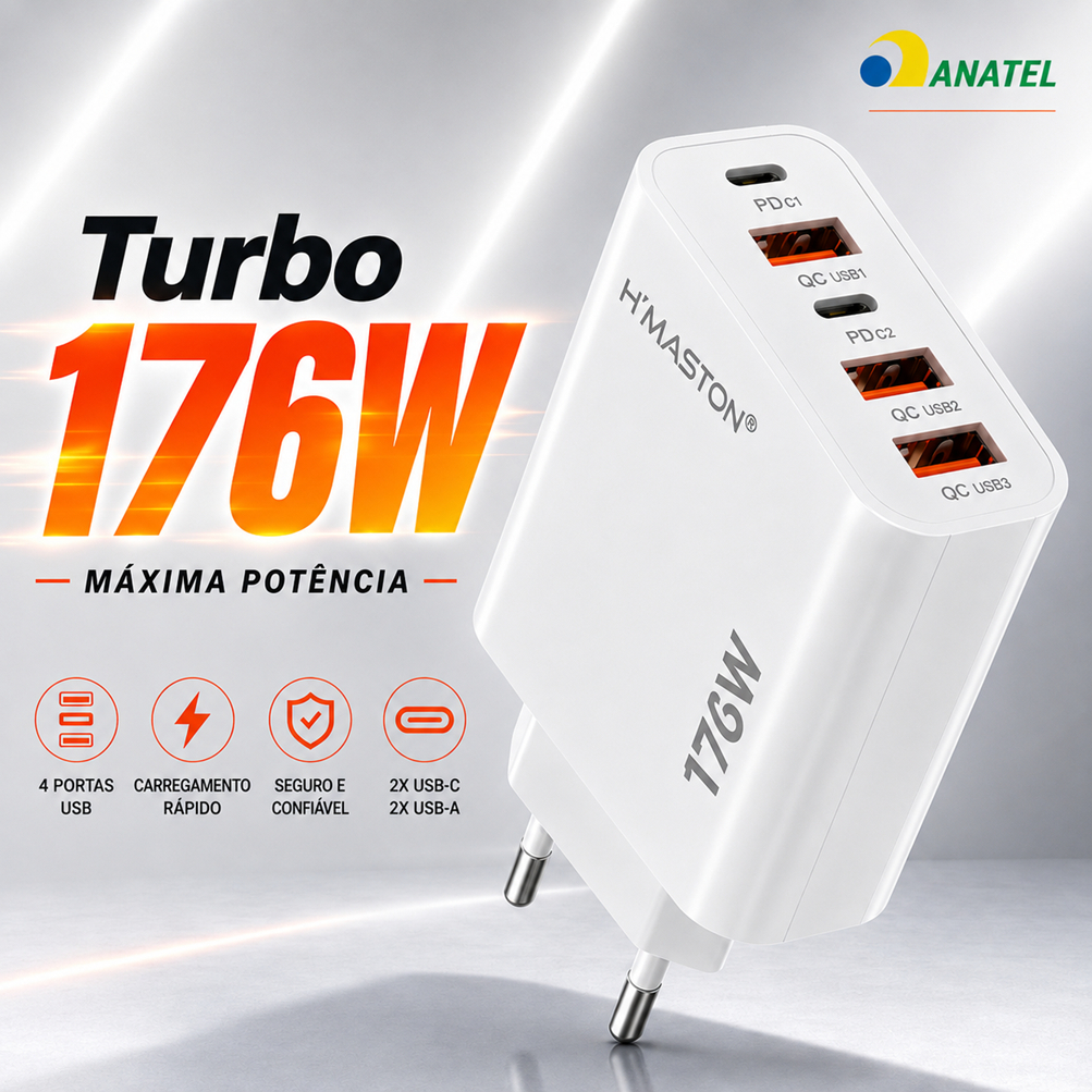 Fonte Carregador Turbo 176W H'Maston Y72-4 USB-C PD Fast Charge 5 Portas USB Carregamento Rápido