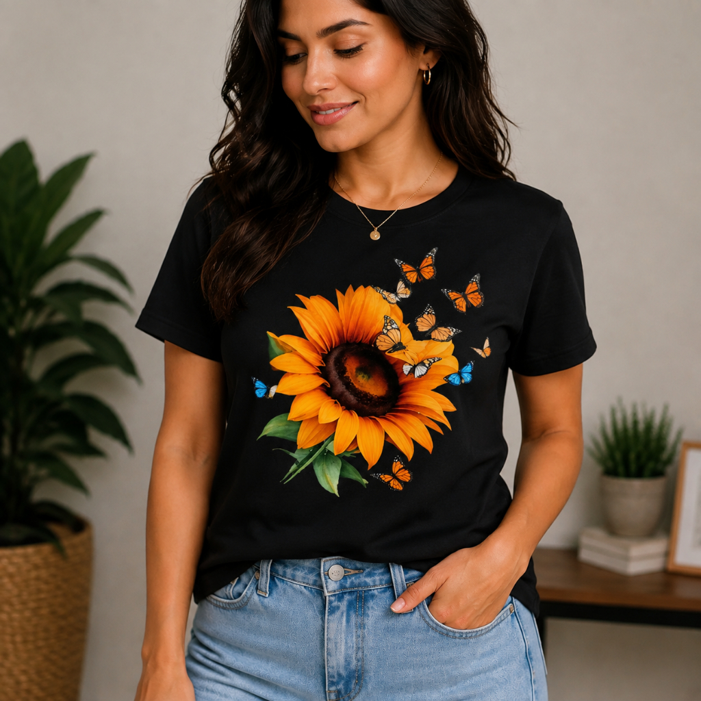 Camiseta T-Shirt Feminina Girassol com Borboletas Estampada – Camiseta Casual de Algodão – Modelo Moderno e Confortável