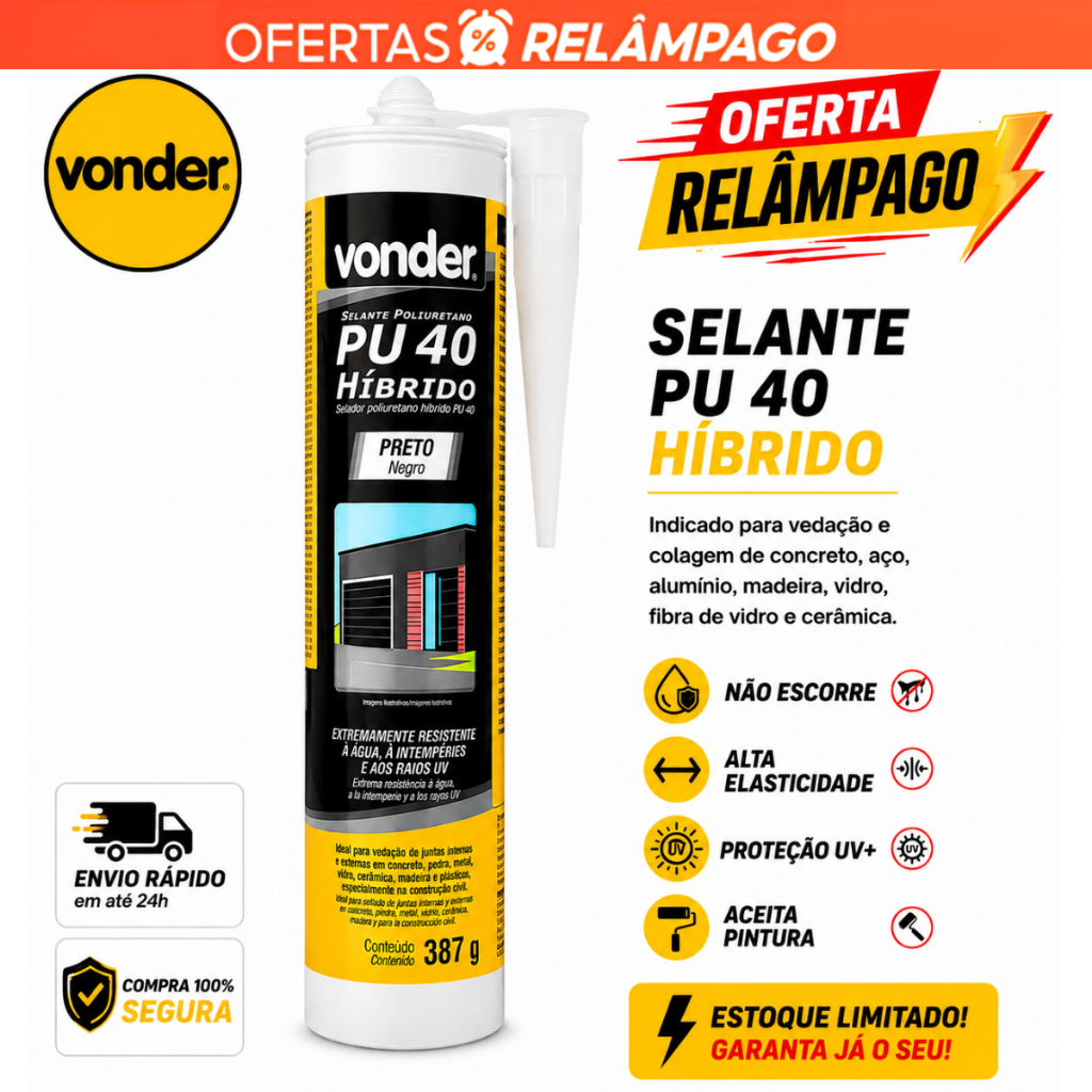 Adesivo PU40 Selante Cola Juntas de Piso Metal Vidro Vedação Extra Forte Calha 387g Vonder PRETO