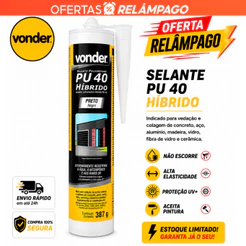 Adesivo PU40 Selante Cola Juntas de Piso Metal Vidro Vedação Extra Forte Calha 387g Vonder PRETO