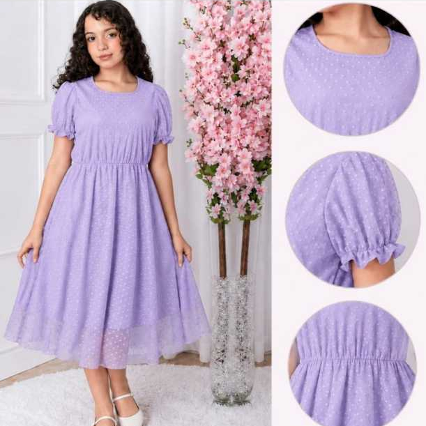 Vestido Infantil /Juvenil em tule bolinha moda Evangélica forrado por dentro e elástico na cintura