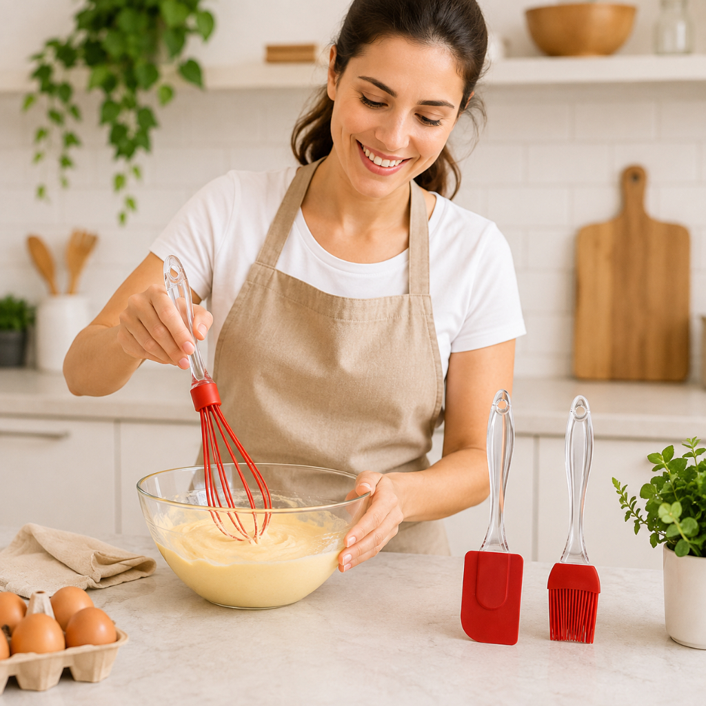 JOGO DE UTENSÍLIOS COZINHA SILICONE 3 PEÇAS VERMELHO ANTIADERENTE ESPÁTULA PINCEL BATEDOR OVOS HAUSKRAFT KC349 ORIGINAL
