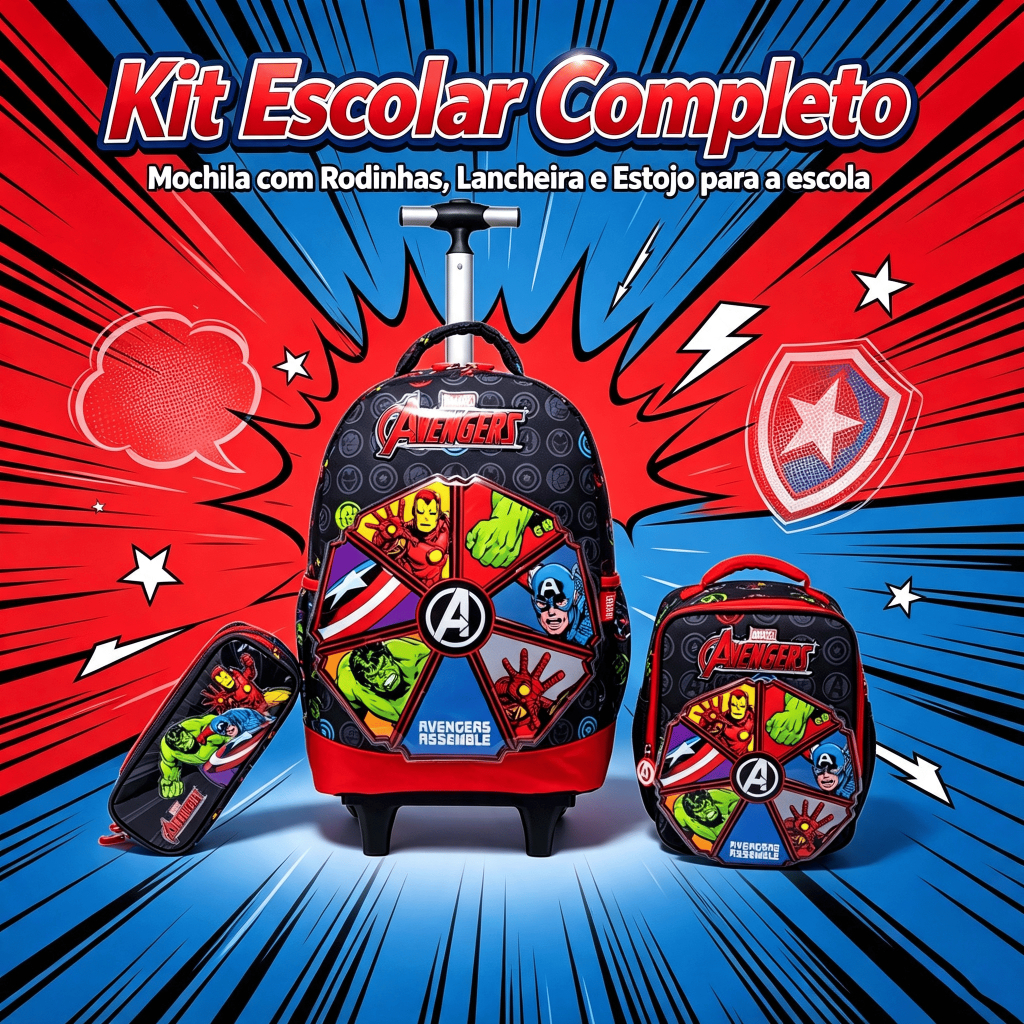 Kit Escolar Vingadores Mochila de Rodinha Lancheira Estojo Menino Infantil Marve