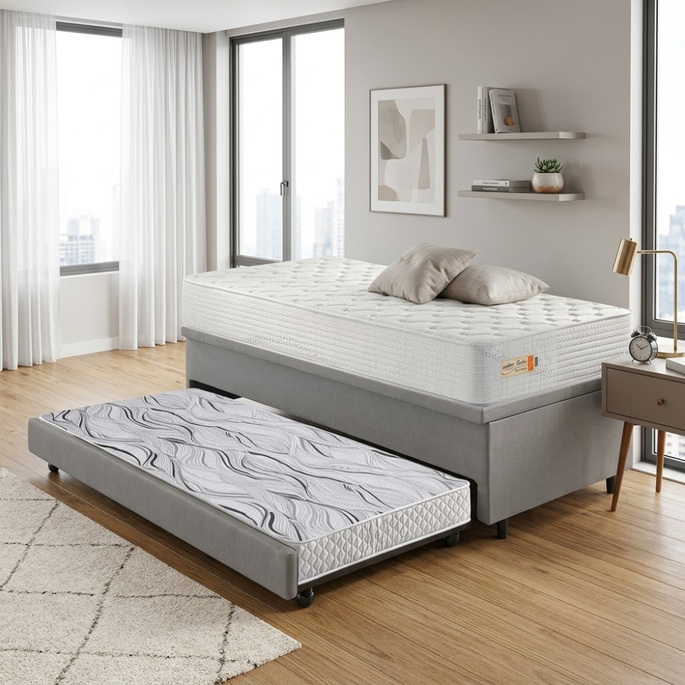 Bicama Box Baú Courino Linho Cinza 88x188 com Colchão Ecoline D33 Ecoflex