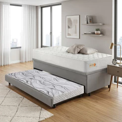 Bicama Box Baú Courino Linho Cinza 88x188 com Colchão Ecoline D33 Ecoflex
