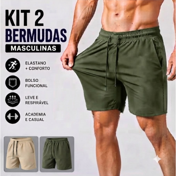 PROMOÇÃO Kit Com 2 Shorts de Tactel com Elastano Masculino Basico Liso Casual Moda Praia Treino e Academia Bermuda